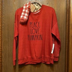 Rae Dunn Peace Love Pumpkins Soft Lightweight Sweatshirt with Cozy Socks Size L